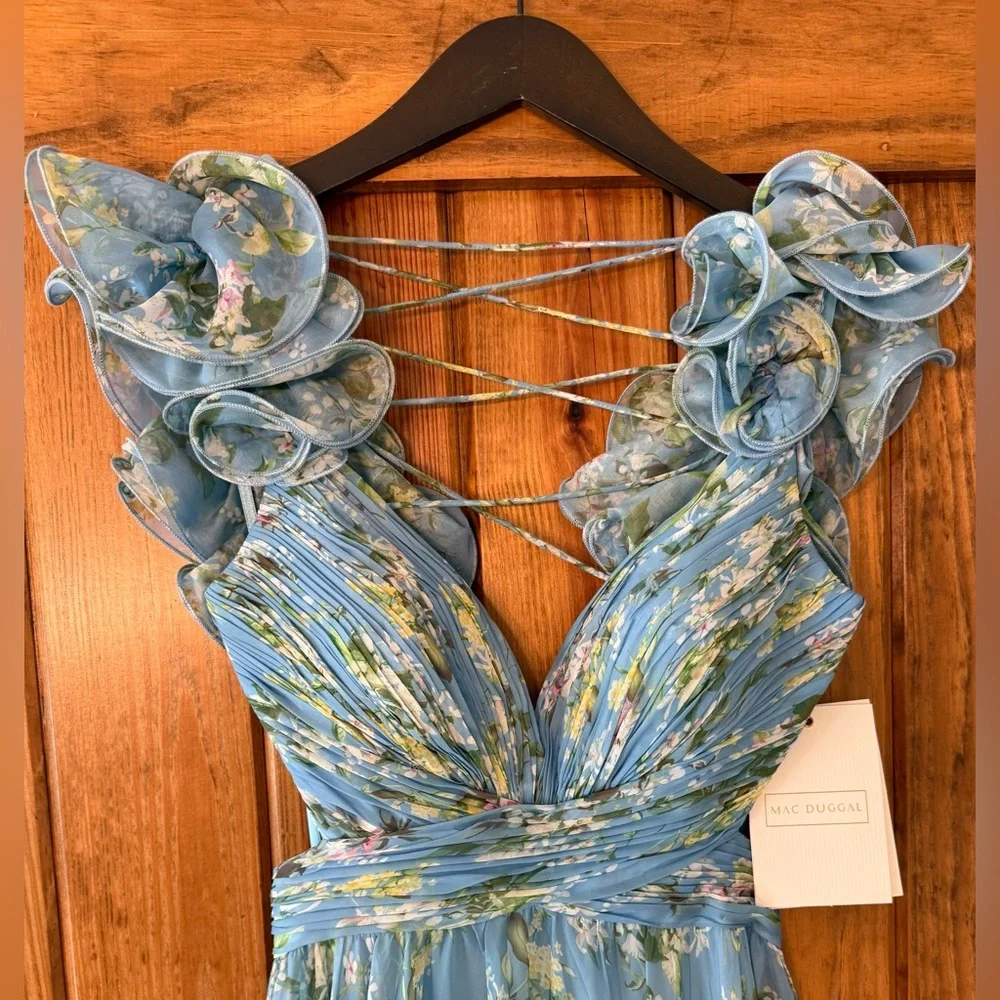 Mac Duggal 🩵 Blue Floral Ruffle Tiered Cut-Out Chiffon Gown – Size 8 NWT - Picture 9 of 16